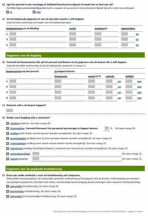 Screenshot van deel van kapmachtigingsaanvraag ANB (Agentschap Natuur en Bos) voor het bekomen van een vergunning om een boom te kappen in een bos