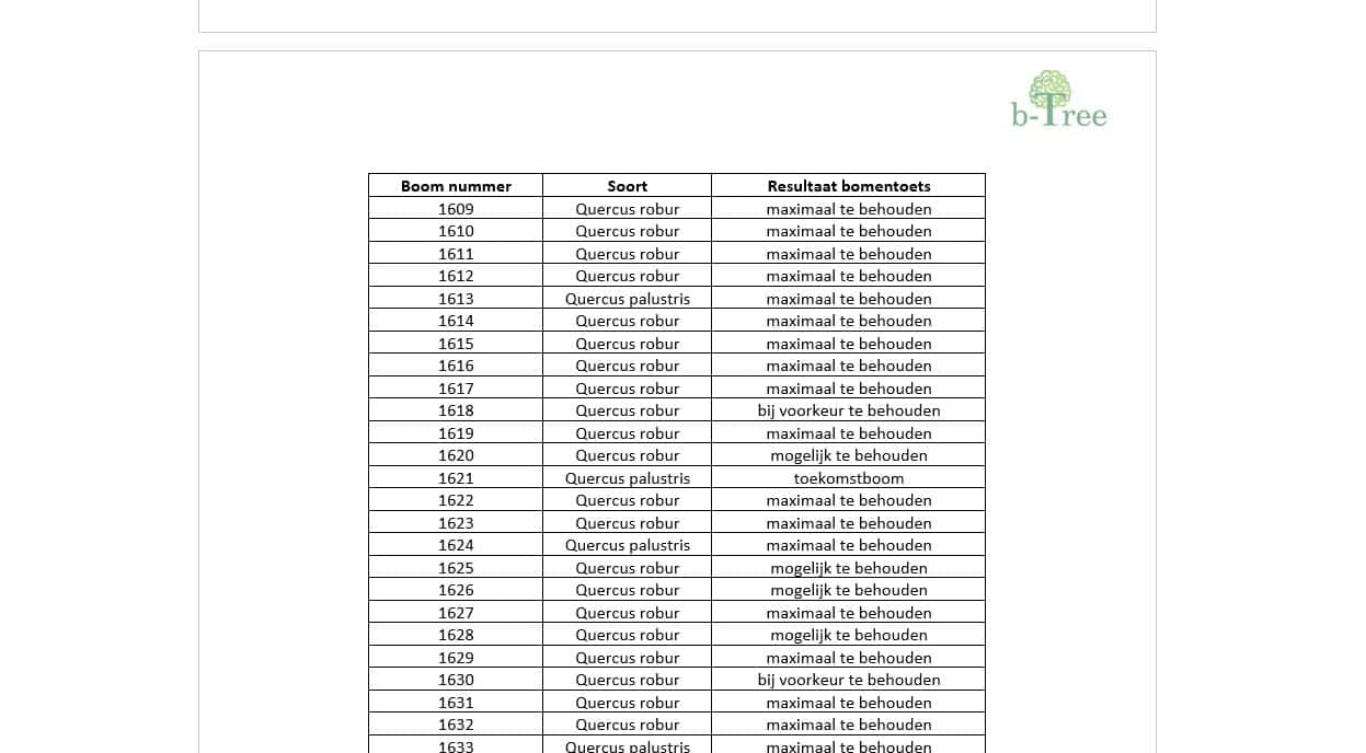 Printscreen uit een verslag met bomentoets.